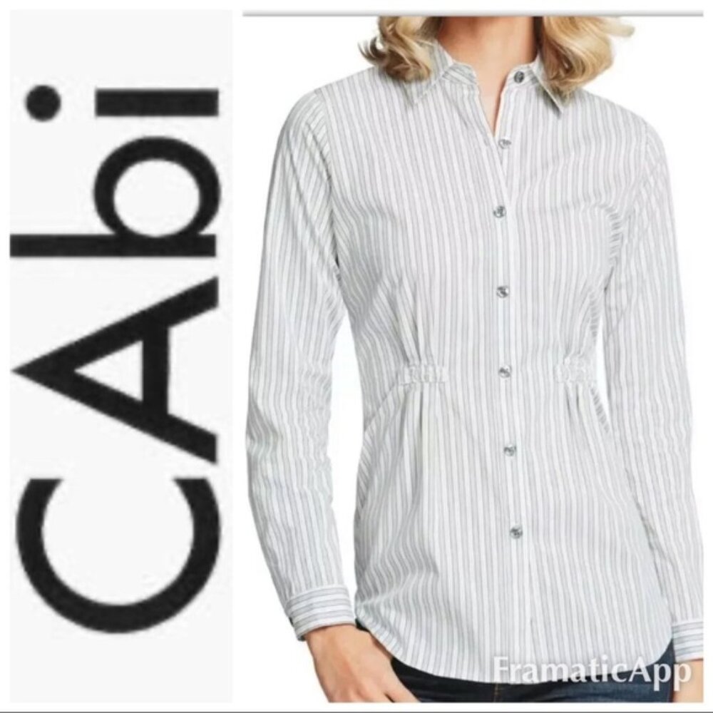 Cabi ruched tab front long sleeve pinstripe button front shirttail tunic, L